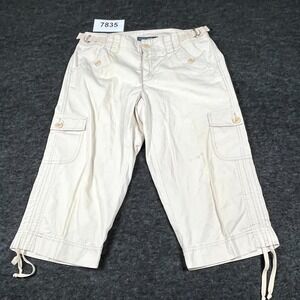 French Cuff Capri Pants Womens 10 Beige Ripstop Cotton Flat Front Straight Leg